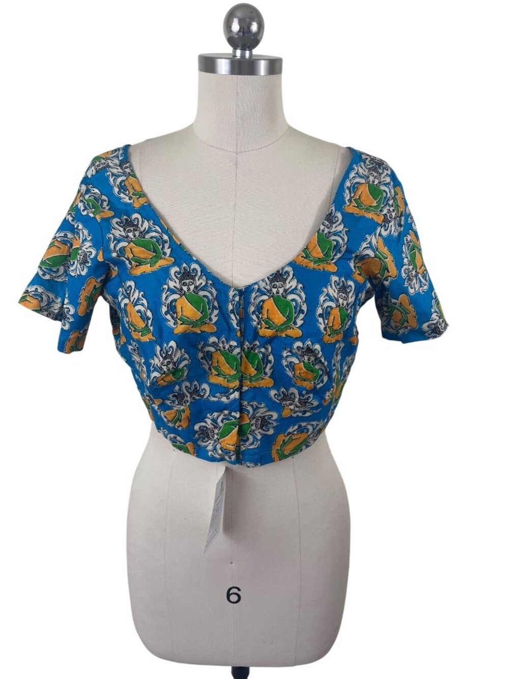 Kalamkari Saree Buddha Bollywood Crop Top Womens  M-L Blue Hippie Artsy Boho